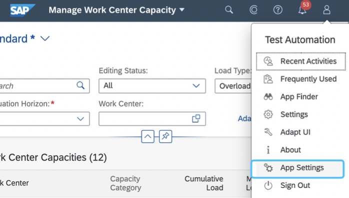 Manage Work Center Capacity App Settings